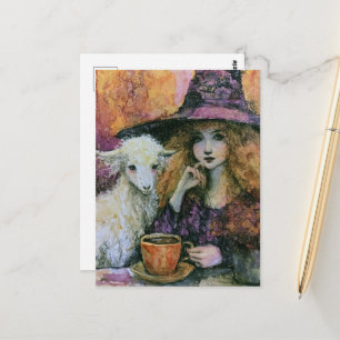 Eine Hexe mit ihrer Ziege am Morgenkaffee Postkarte