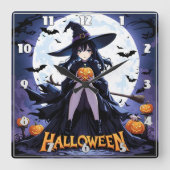 Eine Hexe mit Kürbis unter Vollmond Quadratische Wanduhr (Vorderseite)