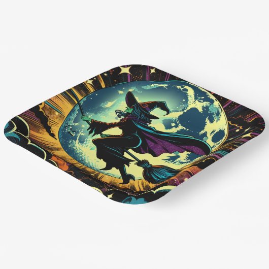 Eine Hexe und ein Vollmond-Halloween-Party Pappteller (Gewinkelt)