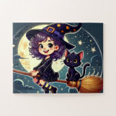 Eine Hexe und eine Katze auf einem Besenpuzzle Puzzle (Horizontal)