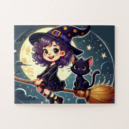Eine Hexe und eine Katze auf einem Besenpuzzle Puzzle
