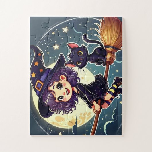 Eine Hexe und eine Katze auf einem Besenpuzzle Puzzle (Vertikal)