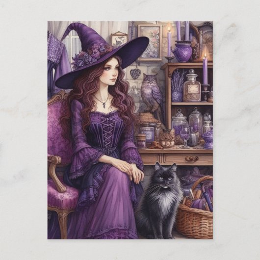 Eine Hexe und ihre schöne Katze Postkarte (Vorderseite)