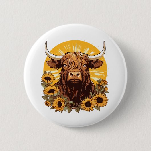 Eine Hochlandkuh-Illustration mit Sonnenblumen-Kla Button (Vorderseite)