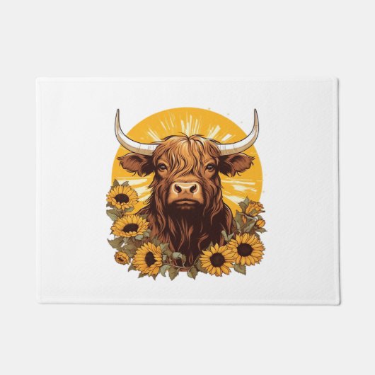 Eine Hochlandkuh-Illustration mit Sonnenblumen-Kla Fußmatte (Vorderseite)