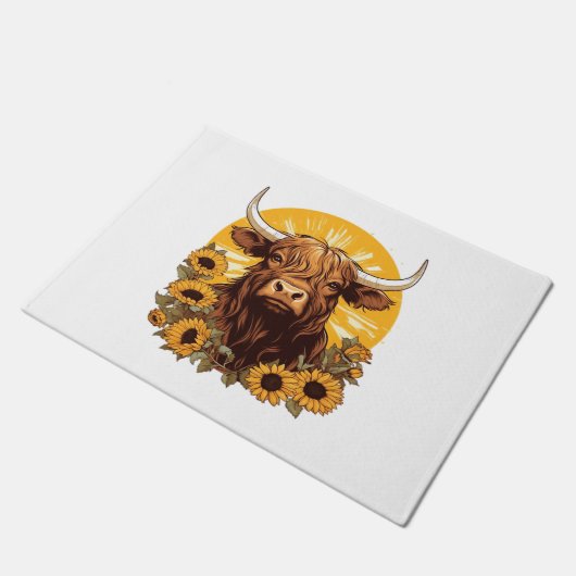 Eine Hochlandkuh-Illustration mit Sonnenblumen-Kla Fußmatte (Schrägansicht)