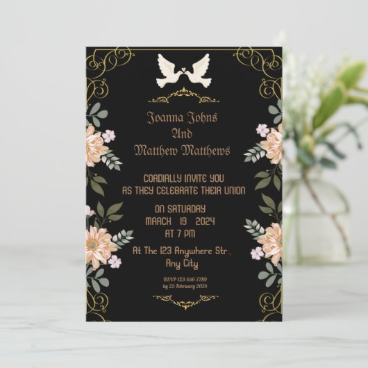 Eine Hochzeitskarte aus Schwarz, Gold und Blumen Einladung (Stehend Vorderseite)