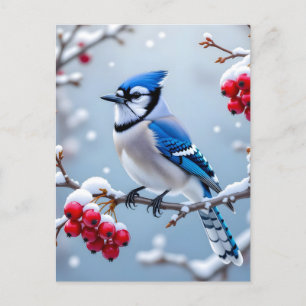 Eine Hübsche Blue Jay auf einer Schneeballweihnach Feiertagspostkarte