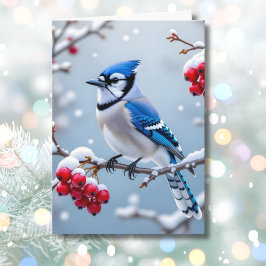 Eine Hübsche Blue Jay auf einer Schneeballweihnach Karte