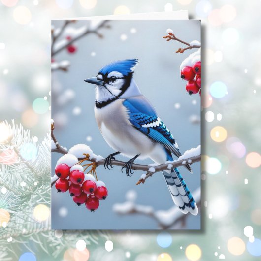 Eine Hübsche Blue Jay auf einer Schneeballweihnach Karte