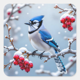 Eine Hübsche Blue Jay auf einer Schneeballweihnach Quadratischer Aufkleber