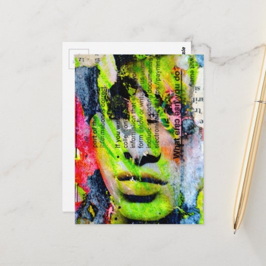 Eine hübsche grüne Gesicht-Mixed-Media-Collage Postkarte (Vorderseite/Rückseite Beispiel)