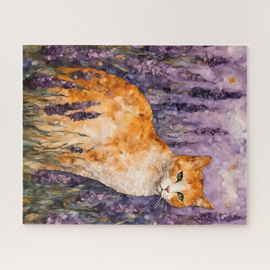 Eine hübsche Ingwerkatze auf einem Lavendelfeld Puzzle (Horizontal)