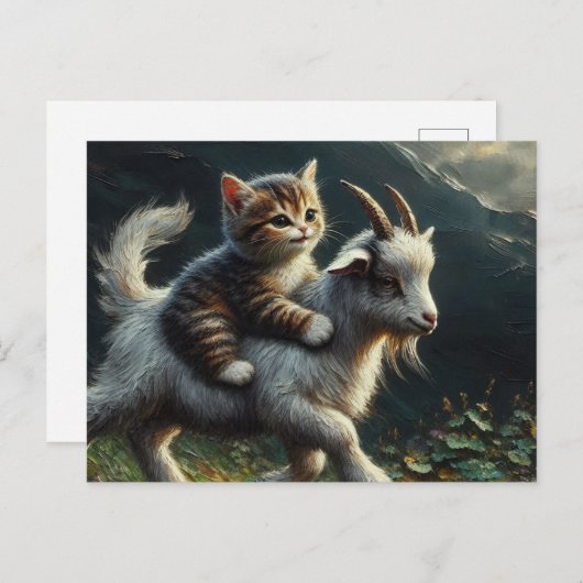 Eine hübsche Katze, die eine Ziege reitet Postkarte (Vorne/Hinten)