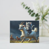 Eine hübsche Katze, die eine Ziege reitet Postkarte (Stehend Vorderseite)
