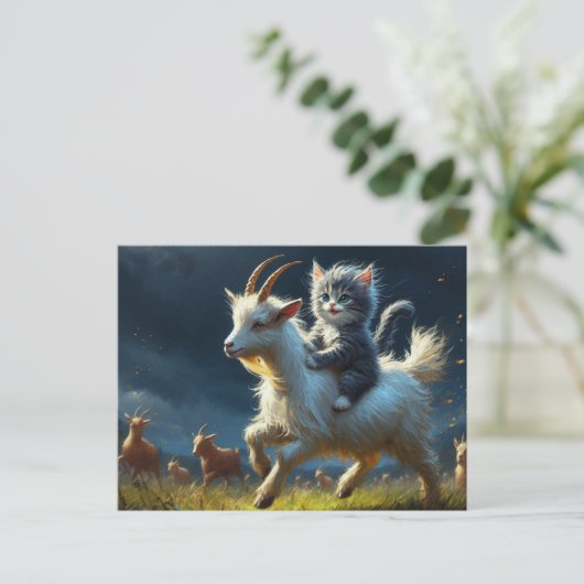 Eine hübsche Katze, die eine Ziege reitet Postkarte (Stehend Vorderseite)