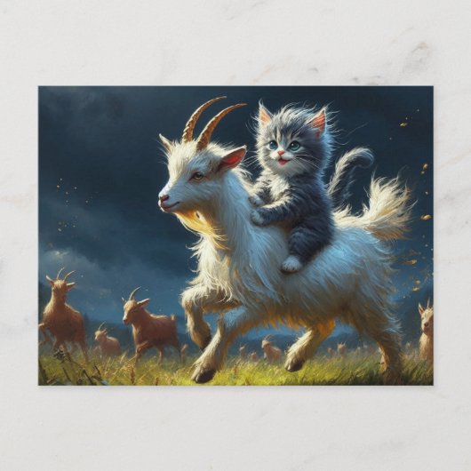 Eine hübsche Katze, die eine Ziege reitet Postkarte (Vorderseite)