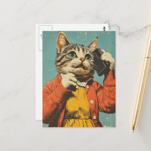 Eine hübsche Katze im Retro-Stil auf ihrem Handy Postkarte