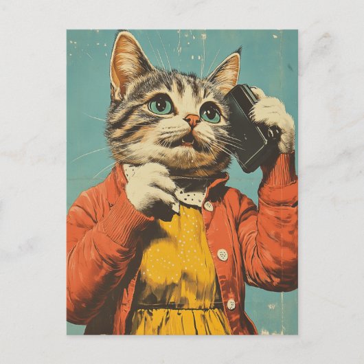 Eine hübsche Katze im Retro-Stil auf ihrem Handy Postkarte (Vorderseite)