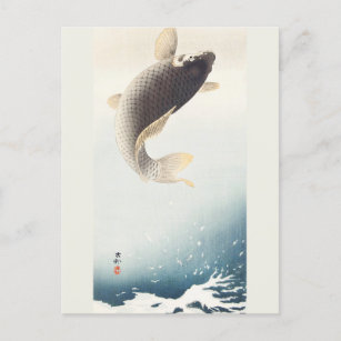 Eine hüpfende Karpfenmalerei von Ohara Koson Postkarte