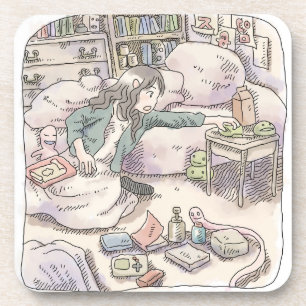 Eine Illustration einer Frau, die in einem hellvio Getränkeuntersetzer