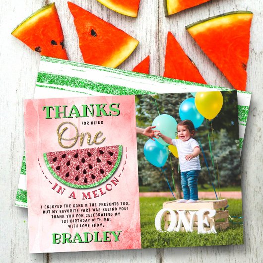 Eine in einem Melon 1. Geburtstag Foto Dankeskarte