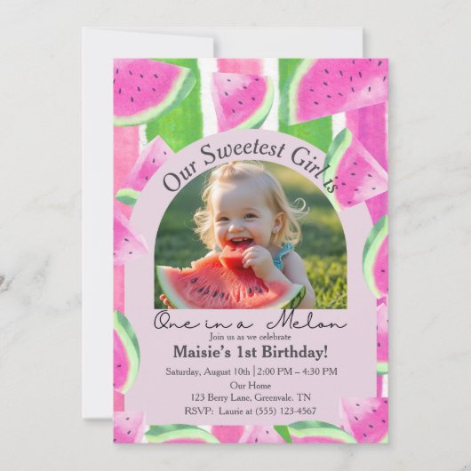 Eine in einem Melon-Foto Pink Watermelon Geburtsta Einladung (Vorderseite)