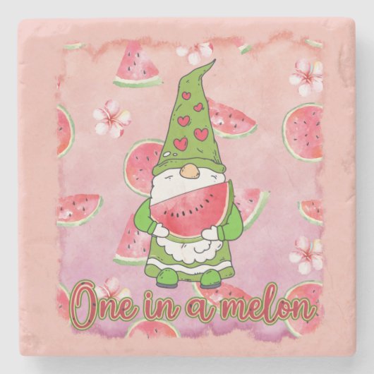 Eine in einem Melon | Green Gnome & Watermelon Steinuntersetzer (Vorderseite)