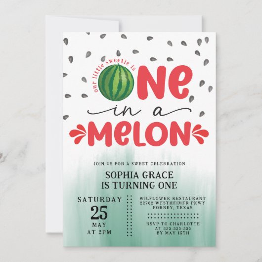Eine in einem Melon Niedlich Watermelon 1. Geburts Einladung (Vorderseite)