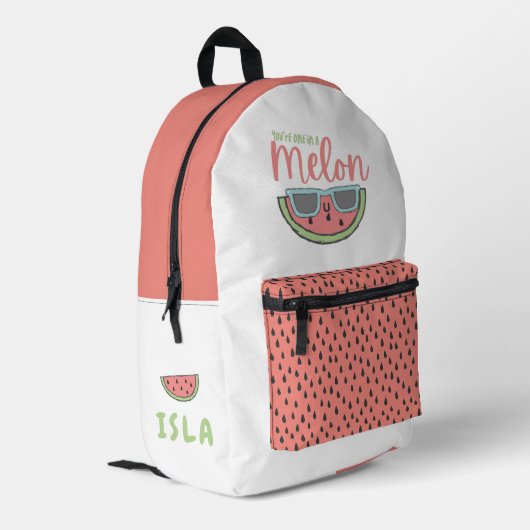 Eine in einem Melon-Rucksack Bedruckter Rucksack (Rückseitige Ecke links)