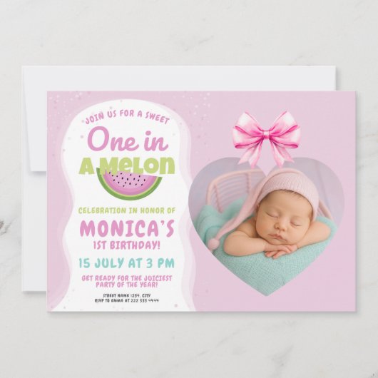 Eine in einem Melon - Watermelon Thema 1. Geburtst Einladung (Vorderseite)