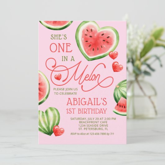 Eine in Melon 1. Geburtstag Einladung (Stehend Vorderseite)
