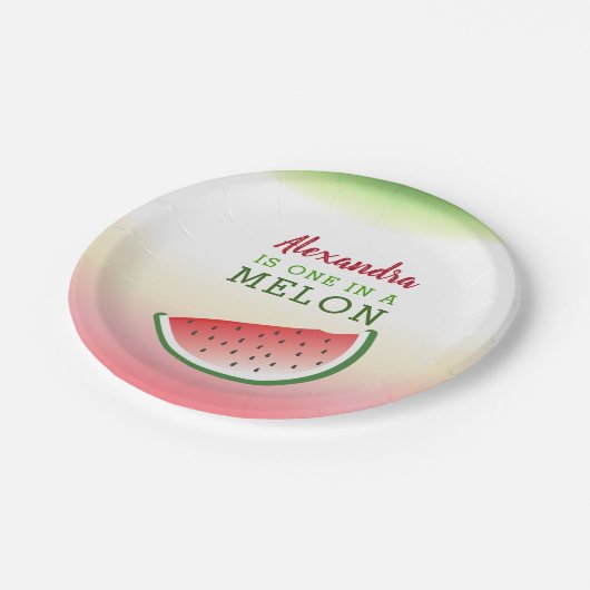 Eine in Melon 1. Geburtstag Pappteller (Schrägansicht)