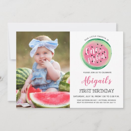 Eine in Melon Custom Foto First Birthday Party Einladung (Vorderseite)