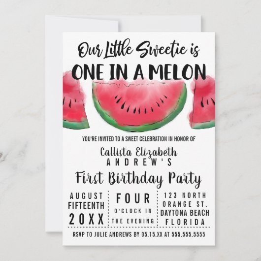 Eine in Melon Watercolor Wassermelone 1. Geburtsta Einladung (Vorderseite)