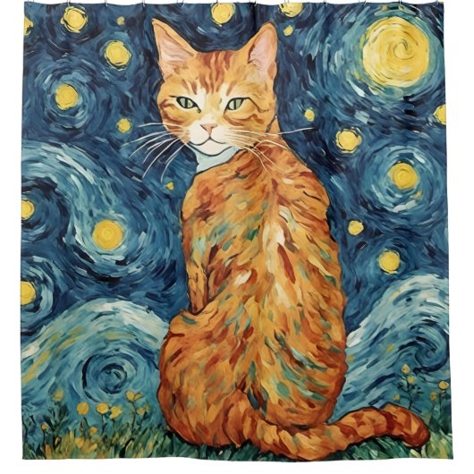 Eine Ingwer-Katze in der Sternennacht Duschvorhang (Vorderseite)