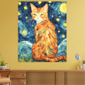 Eine Ingwer-Katze in der Sternennacht Leinwanddruck (Insitu (Wohnzimmer))