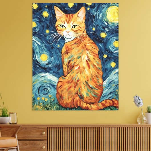 Eine Ingwer-Katze in der Sternennacht Leinwanddruck (Insitu (Wohnzimmer))