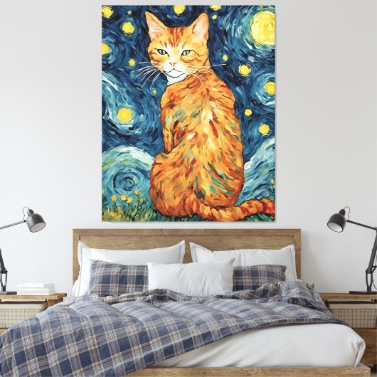 Eine Ingwer-Katze in der Sternennacht Leinwanddruck (Insitu (Schlafzimmer))