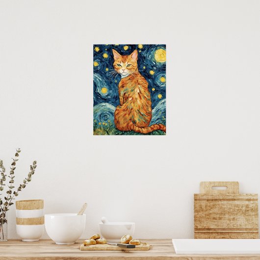 Eine Ingwer-Katze in der Sternennacht Poster (Küche)