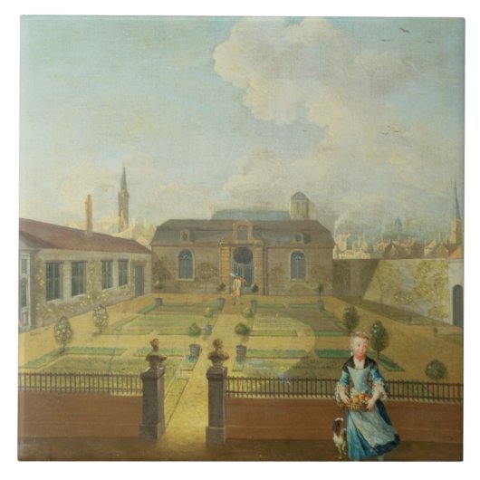 Eine junge Dame mit ihrem Hund vor einem Garten Fliese (Vorderseite)