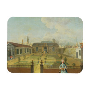 Eine junge Dame mit ihrem Hund vor einem Garten Magnet