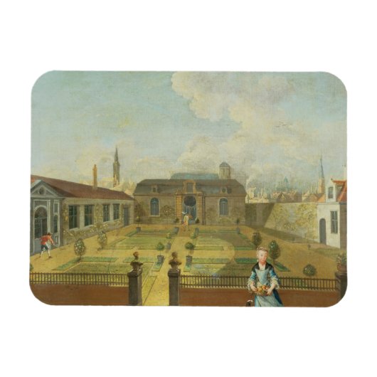 Eine junge Frau mit ihrem Hund vor einem Garten (s Magnet (Horizontal)