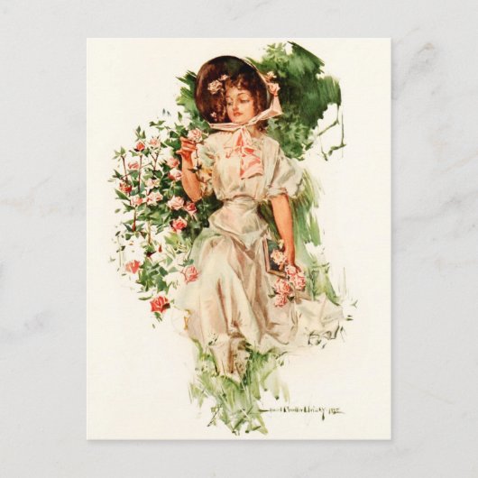 Eine junge Lady pickt Rose Postkarte (Vorderseite)