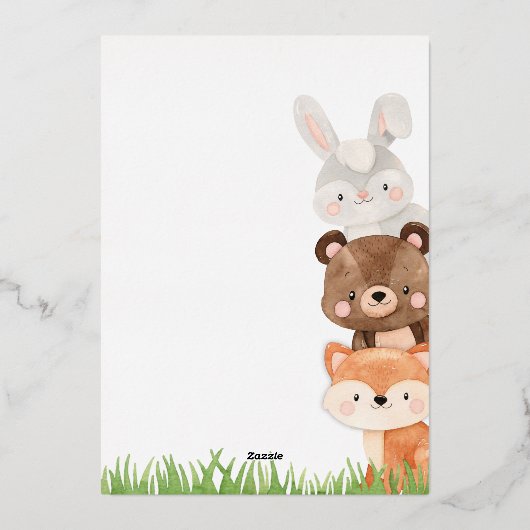 Eine junge Woodland Babydusche Folieneinladung (Rückseite)