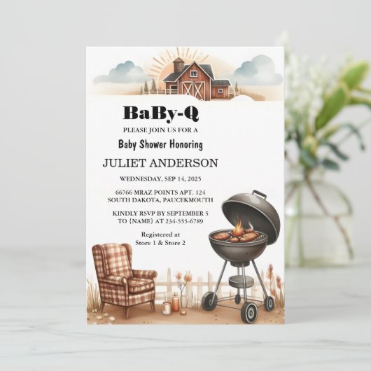 Eine Karierte Babyq Fun Food Steak Beef Grillen Ba Einladung (Stehend Vorderseite)