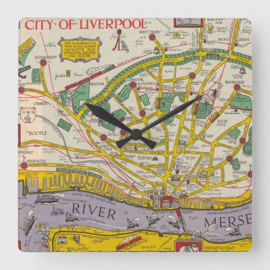 Eine Karte von Merseyside, Liverpool Quadratische Wanduhr (Vorderseite)