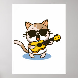 Eine Katze, die Brille trägt und die Ukulele spiel Poster