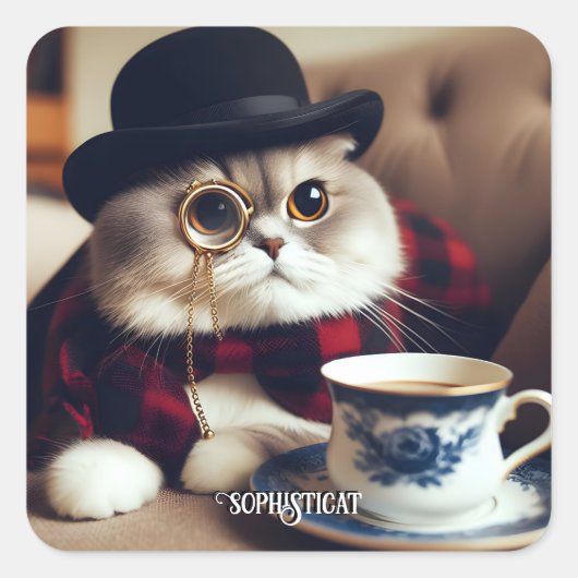 Eine Katze, die ein Monokel trägt Quadratischer Aufkleber (Vorderseite)