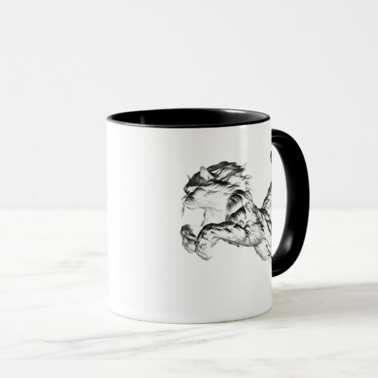 Eine Katze, die in Schwarz-Weiß springt. Tasse (VorderseiteRechts)